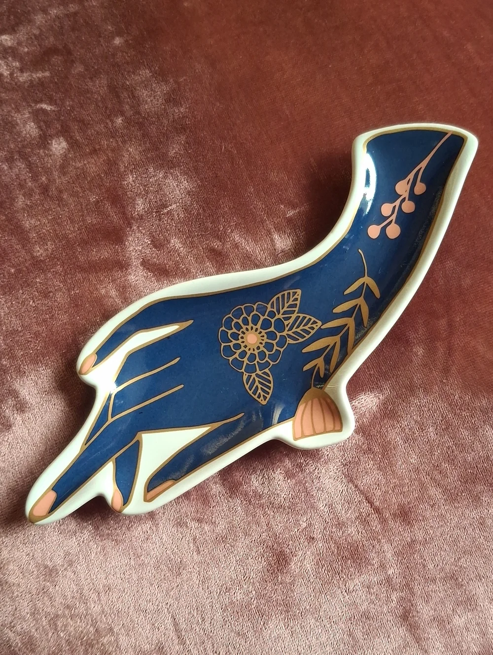 Blue Hand-Shaped Decorative Trinket Tray with Gold Floral Detail NWOT Mint Cond